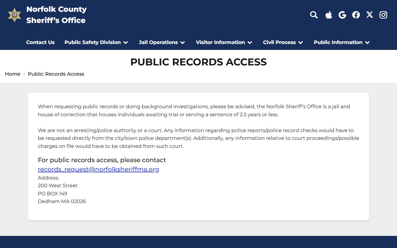 Norfolk County Correctional Center public records access