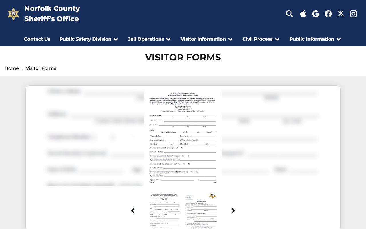 Norfolk County inmate records visitor forms screenshot