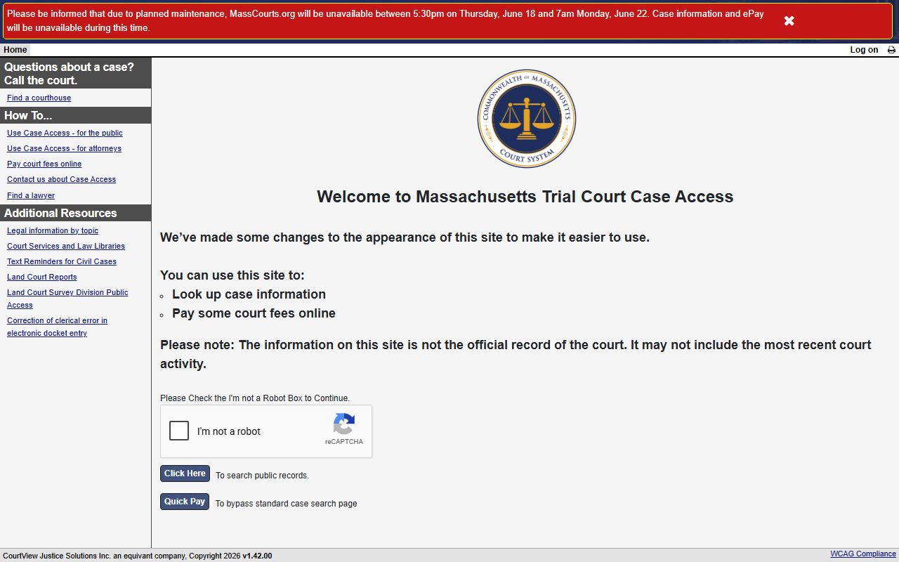 MassCourts public access screen for Massachusetts court records